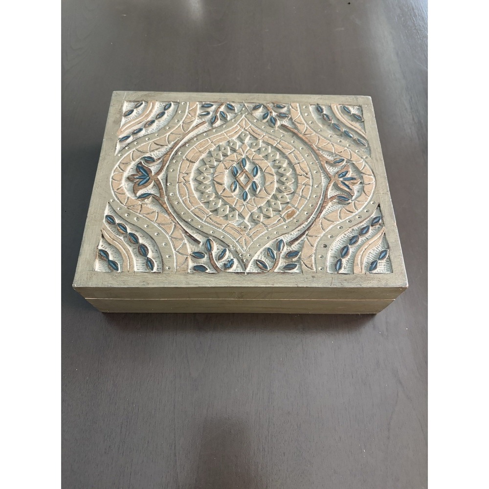 Vintage Hand Carved Wooden Box Tea 6 Compartment, Jewelry,Trinket. 8x10x3